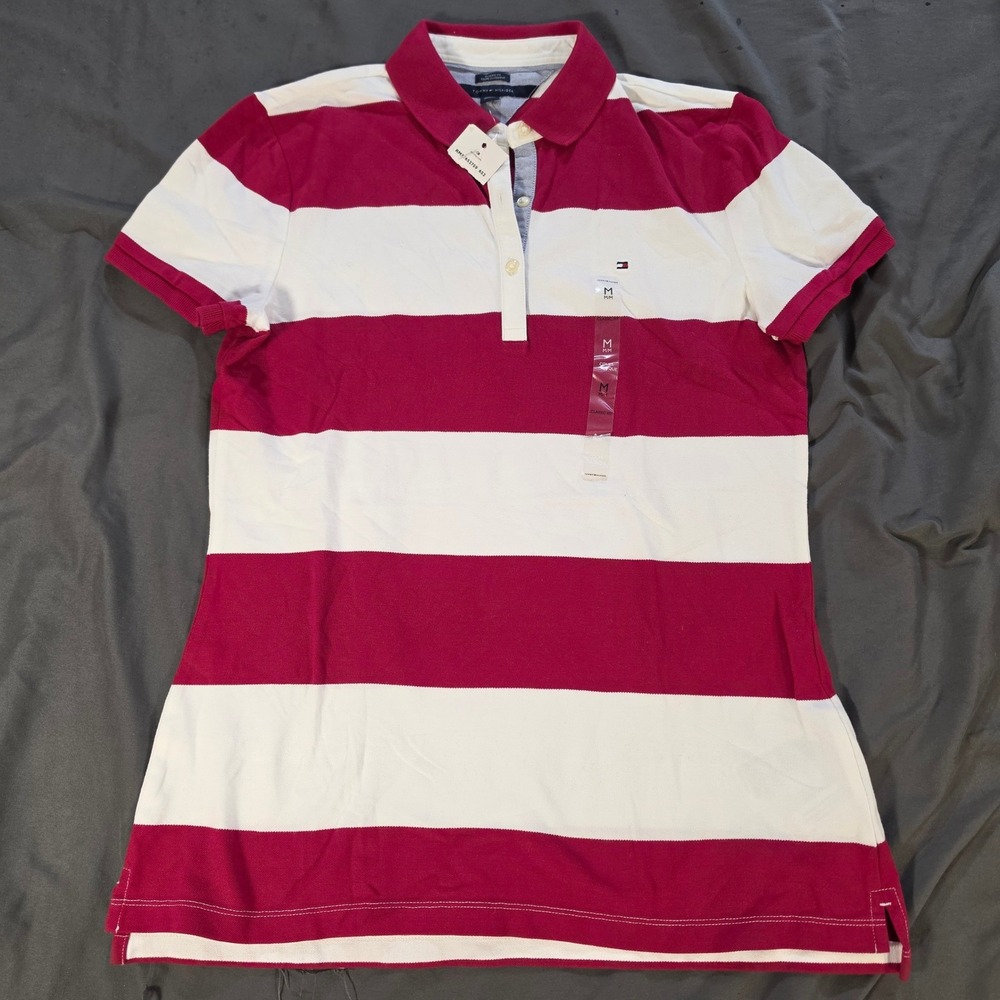 Tommy Hilfiger Mens Red White Striped Classic Fit Polo Shirt Medium RM31652759